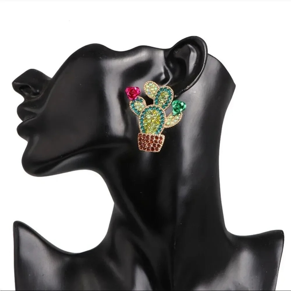 Cactus earrings crystals flowers NEW multicolored statement earrings desert - Picture 2 of 7